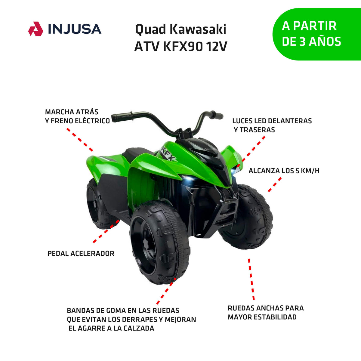 Quad Eléctrico Kawasaki ATV KFX90 12V Verde Injusa